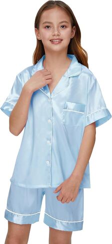 MORFORU Satin Kid Short Pajamas Set 5 Piece Child Silk Pjs Button Sleepwear with Eye Mask, Hairhand, Hair Ring in Saudi Arabia