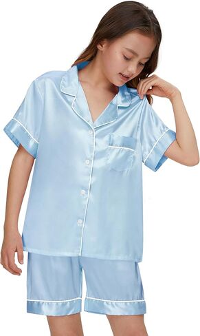 MORFORU Satin Kid Short Pajamas Set 5 Piece Child Silk Pjs Button Sleepwear with Eye Mask, Hairhand, Hair Ring in Saudi Arabia