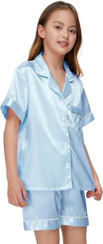 MORFORU Satin Kid Short Pajamas Set 5 Piece Child Silk Pjs Button Sleepwear with Eye Mask, Hairhand, Hair Ring in Saudi Arabia