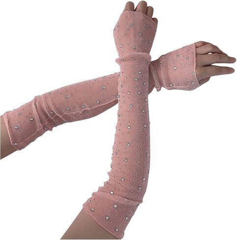 ORGLITTER Women's Rhinestone Mesh Sheer Ruched Glitter Arm Sleeves Fingerless Gloves in Saudi Arabia