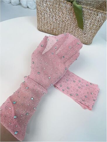 ORGLITTER Women's Rhinestone Mesh Sheer Ruched Glitter Arm Sleeves Fingerless Gloves in Saudi Arabia