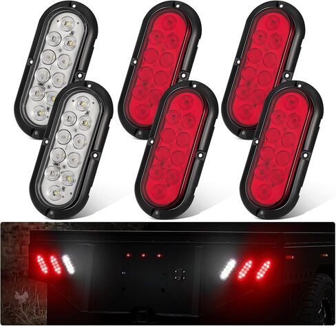 6PCS 6 Inch Oval LED Trailer Tail Lights, 4 Red & 2 White 10 LED 6" Led Turn Stop Brake Reverse Back Up Tail Lights, IP67 Waterproof Surface Mount for 12V Truck RV Boat Caravan, No Need to Cut Holes in Kuwait