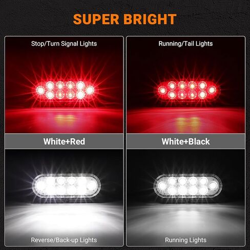 6PCS 6 Inch Oval LED Trailer Tail Lights, 4 Red & 2 White 10 LED 6" Led Turn Stop Brake Reverse Back Up Tail Lights, IP67 Waterproof Surface Mount for 12V Truck RV Boat Caravan, No Need to Cut Holes in Kuwait