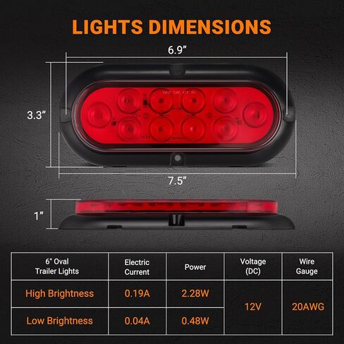 6PCS 6 Inch Oval LED Trailer Tail Lights, 4 Red & 2 White 10 LED 6" Led Turn Stop Brake Reverse Back Up Tail Lights, IP67 Waterproof Surface Mount for 12V Truck RV Boat Caravan, No Need to Cut Holes in Kuwait