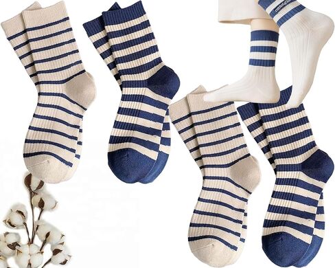 CHUNFO Womens Striped Ankle Socks Cute Letter Embroidered Athlete Navy White Crew Cotton Casual Sock Size5-10.5 in Saudi Arabia
