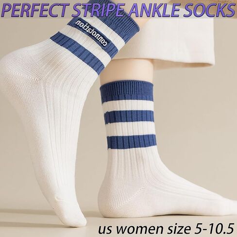 CHUNFO Womens Striped Ankle Socks Cute Letter Embroidered Athlete Navy White Crew Cotton Casual Sock Size5-10.5 in Saudi Arabia