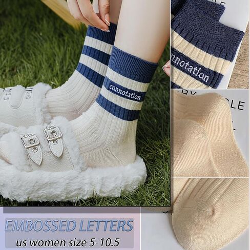 CHUNFO Womens Striped Ankle Socks Cute Letter Embroidered Athlete Navy White Crew Cotton Casual Sock Size5-10.5 in Saudi Arabia