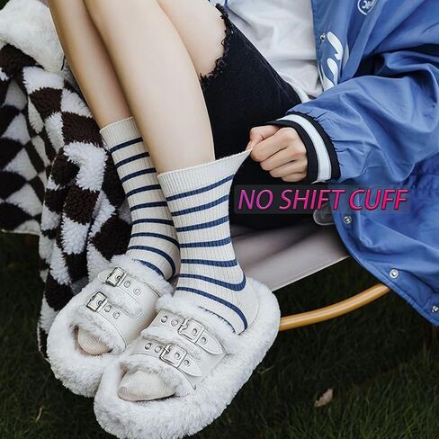 CHUNFO Womens Striped Ankle Socks Cute Letter Embroidered Athlete Navy White Crew Cotton Casual Sock Size5-10.5 in Saudi Arabia