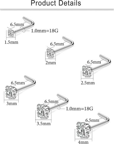 Cisyozi 18G حلقات الأنف الأزرار هيبوالرجينيك ثقب الأنف 316L الجراحية الصلب الفضة الأنف خواتم مجموعة L على شكل الأنف الأنف ثقب المجوهرات للنساء الرجال الماس تشيكوسلوفاكيا 1.5 مم 2 مم 2.5 مم 3 مم 3.5 مم 4 مم in Saudi Arabia