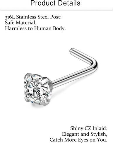 Cisyozi 18G حلقات الأنف الأزرار هيبوالرجينيك ثقب الأنف 316L الجراحية الصلب الفضة الأنف خواتم مجموعة L على شكل الأنف الأنف ثقب المجوهرات للنساء الرجال الماس تشيكوسلوفاكيا 1.5 مم 2 مم 2.5 مم 3 مم 3.5 مم 4 مم in Saudi Arabia