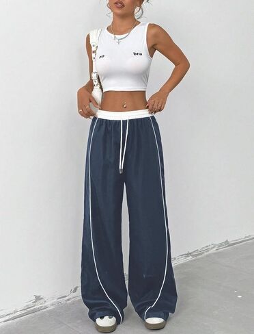 ZAFUL Womens Parachute Pants Y2K Wide Leg Cargo Sweatpants Drawstring Waist Jogger Pants with Pockets in Saudi Arabia
