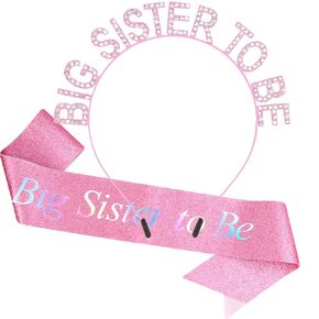 Chanaco Big Sister Gifts for Girls Pink Metal Rhinestone Crown Headband Satin Sash Big Sister to Be Accessory Set Announcement Party Decorations Cute Sibling Gift (Silver)