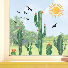 Whaline 6 Sheet Boho Cactus Window Clings Tropical Cacti Green Plants Birds Sun Resulable Windows