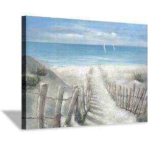 Abstract Beach Artwork Coastal Picture: Rustic Wooden Fence Path to Ocean Painting on Canvas Wall Art for Bedroom (36" x 24" x 1 Panel)