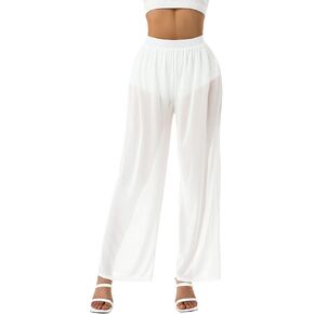 Womens See Through Sheer Mesh Chiffon Beach Pants Wide Leg High Waist Flared Bikini Bottom Cover-Ups
