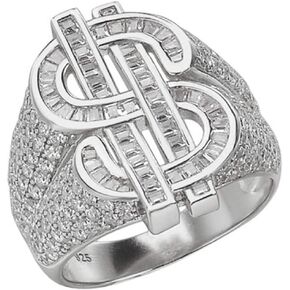 Harlembling Solid 925 Sterling Silver - Money $ Ring - Iced Flood Out Baguette Diamond Mens Dollar Sign Ring - أحجام 7-13