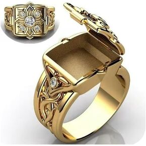 Tuwiqsdi Cross Gold Ring Fashion Jewelry 18k Gold Plated CZ Crystal Diamond Cross Design Men’s Ring with Openable Lid Size 6-13(6)