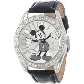 Accutime Disney Mickey Mouse Adult Watch with Rhinestone Bezel, Elegant Mickey Design, Large Silver Numbers, Black Croco Strap, and Analog Display – Classic & Stylish Timepiece for Disney Fans