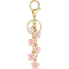 Xgalbla White Pink أسود لطيف الحرف الأولي سلسلة مفاتيح للنساء ، حقيبة زهرة السحر Keyring من أجل حقيبة اليد على ظهر حقيبة اليد