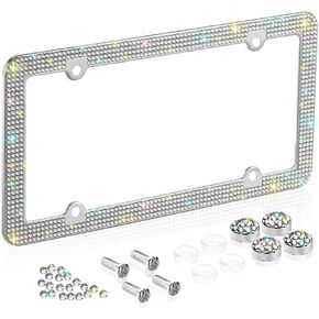 Bling Rhinestone License Plate Frames for Women, 4 Row Rhinestone Diamond Metal Stainless Stee License Plate Cover Bling Car Accessories Decoration (2 Pack, 4 Holes Black)