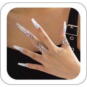 Punk Finger Nail Tip Claw Rings Fingertip Claw Nail Rings Knuckle Finger Tip Ring with Chain Queen Costume Claw Rings Halloween Accessory for Women (Silver)