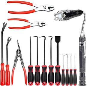 15 Pcs Precision Pick and Hook Set for Auto Mechanic Plumbing，Clip Pliers Remover Kit and Scraper Tool，Extendable Magnetic Flashlight Pick Up Tool，Multifunction Gifts for Home Garage Repairs