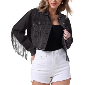 Women's Cropped Jean Jackets Long Sleeve Frayed Hem Tassel Fringe Denim Jacket
