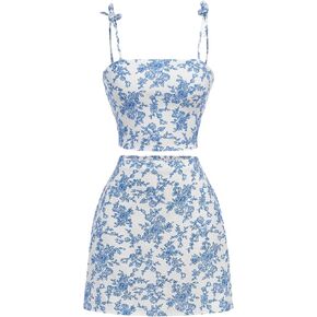 GORGLITTER Girl's Two Piece Skirt Set Cute Boho Floral Tie Shoulder Cami Top A Line Skirt Outfit