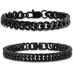2Pcs Silver Gold Black Cuban Link Bracelet for Men Stainless Steel Cuban Link Chain Bracelet Set 7.5/8.3/9 Inches