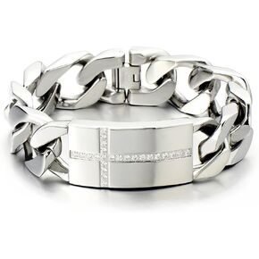 COOLSTEELANDBEYOND Mens Large Stainless Steel Cross Identity Curb Chain Bracelet Set with Cubic Zirconia Hip Hop Rock