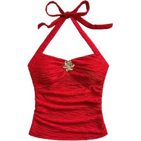 Soly Hux Women’s Halter Halter Tops Open Back Y2K Ruched Floral Metal Summer Out out Cami Tops