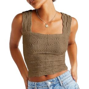 DouBCQ Women Cute Crop Tank Top Square Neck Wide Strap Vest Slim Fit Floral Lettuce Trim Cropped Cami Tops