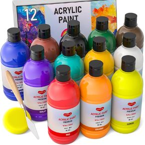 12 Colors Large Acrylic Paint Set (16.9 oz,500 ml), Bulk Acrylic Paint Non-Toxic Art Painting Supplies on Multi Surface Canvas Wood Craft Fabric Rock for Artist Beginner with Color Wheel