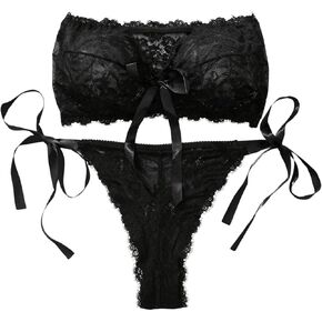 OYOANGLE Women's Plus Size 2 Piece Lace Sheer Strapless Bra and Panty Lingerie Set Babydoll Underwear