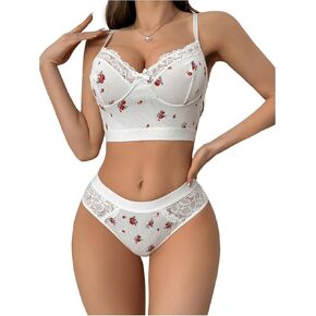 SHENHE Women's Lace Lingerie Set 2 Piece Floral Print Bra and Panty Set Rib Knit Lingerie