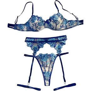 SHENHE Women's Lingerie Set with Garter Belt Underwire Floral Embroidered 3 Piece Bra and Panty Set
