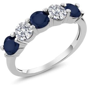 Gem Stone King 925 Sterling Silver Blue Sapphire and White Lab Grown Diamond Wedding-Bands Ring For Women | 1.59 Cttw | Round 4MM | Gemstone September Birthstone | Available in Size 5,6,7,8,9