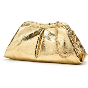 Women's PU Leather Clutch Handbags Ruched Bag Purse Gold Evening Bag with Detachable Chain