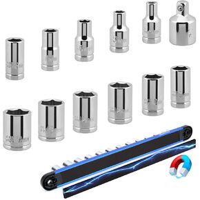 12-Piece 1/4" Drive SAE Standard Socket Set 5/32" to 9/16" with 1-Piece Magnetic Organizer Rail Rack, Premium 6-Point Shallow Socket Assortment Include a 3/8" to 1/4" Adapter