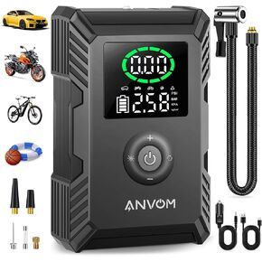 Tire Inflator Portable Air Compressor, ANVOM 6X Faster Electric Air Pump for Car Tires with Pressure Gauge,Dual-Use Type Smart Cordless Portable Compressor for Car,Pickup,Motorcycle,Bicycle and More