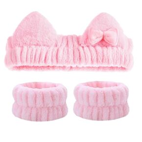 Cute Spa Headband and Wristband Set for Women Kawaii Ear Pink Makeup Headband for Washing Face (3PCS, Pink)