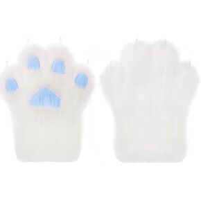JAYIKA Faux Fur Cat Paw Gloves Plush Furry Cat Claw Gloves White Blue for Halloween Cosplay Costume Party
