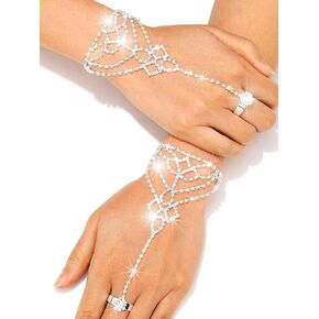 Silver Rhinestone Gloves Fingerless Sparkle Gloves Ring Metallic Hand Chain Jewelry Wedding Accessories for Women