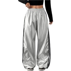 Women's Metallic Elastic Waist Sweatpants Side Stripe PU Leather Wide Leg Athletic Pants