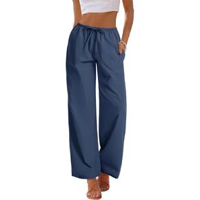 AKEWEI Women Cotton Linen Summer Palazzo Pants Drawstring Waist Wide Leg Lightweight Beach Trousers with Pockets