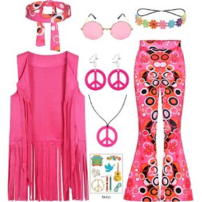 Cuteshower Girl Hippie Costume 70s 60s Hippie Outfits Halloween Party Outfit
