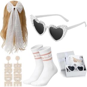Janinka 5 Pcs Bride Jewelry Set Bride to Be Gifts for Bachelorette Bridal Veils Pearl Beaded Earrings Heart Sunglasses Bridal Socks Honeymoon Gift