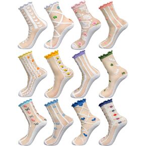 12 Pairs Flower Sheer Socks, Cute Floral Ruffle Frilly Lace Socks for Women Girls Summer Thin Sock