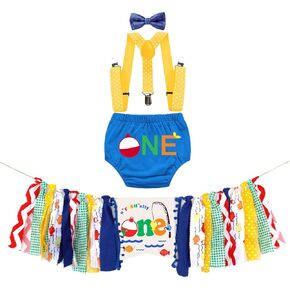 MYRISAM Ofishally One Baby 1st Birthday Cake Smash Outfits Decorations Kit Highchair Banner Diaper Cover Suspenders Bowtie