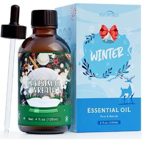 Christmas Wreath Essential Oil 4 Fl Oz, SNOWSEN Winter Fragrance Oil, Undiluted Christmas Wreath Fragrance Oil for Diffuser, Humidifier, House Cleaning,Spray, Soap &Candle Making, Long Lasting Scents